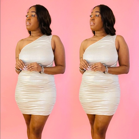 NEW TRENDY CREAM METALLIC  FORMAL SLEEVELESS ONE SHOULDER CROP RUCHED MIDI DRESS - Picture 2 of 10